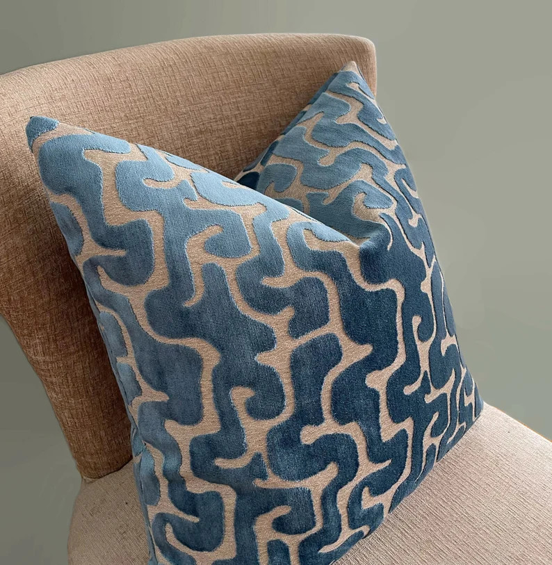 Blue Cut Velvet pillow cover, Luxurious Throw pillow, 18x18, 20x20, 22x22 inches | Etsy (US)