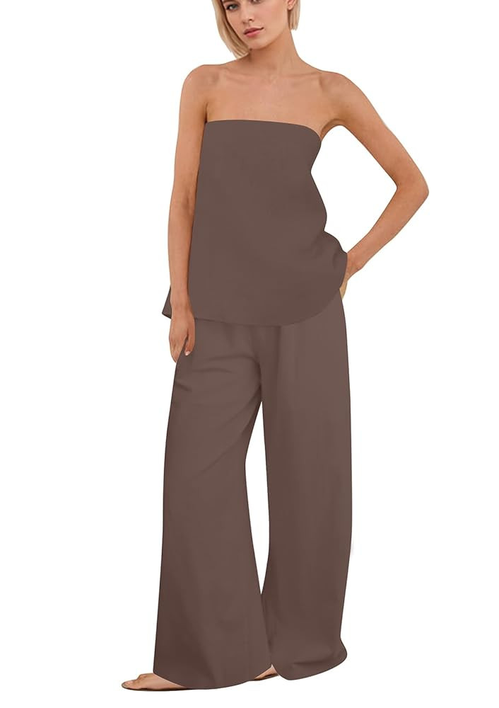 Women Polka Dot 2 Piece Outfits Spot Strapless Tube Top High Waist Wide Leg Pants Lounge Set Summ... | Amazon (US)