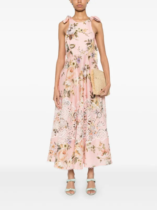 ZIMMERMANN Acacia Broderie Midi Dress | Pink | FARFETCH BR | Farfetch (BR)