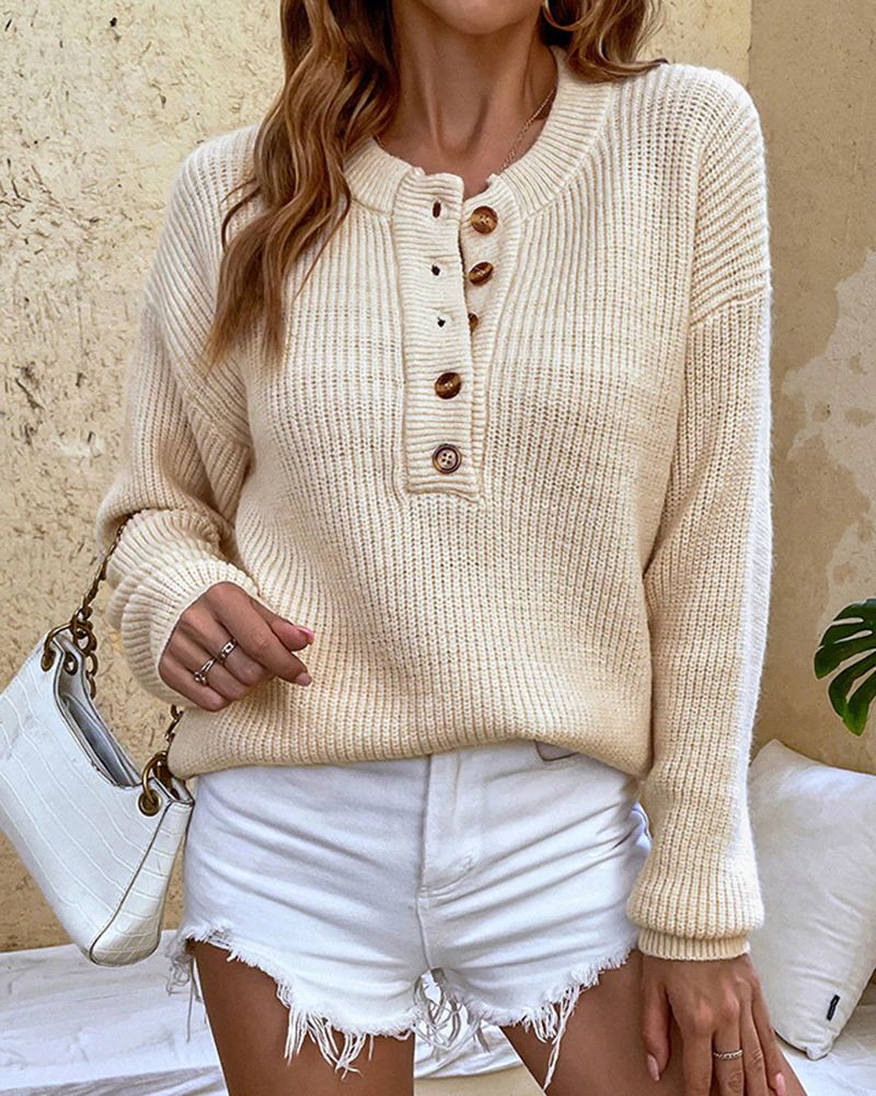 Waffle Knit Button V Neck Sweater Casual Long Sleeve Knit Pullover | Zeagoo