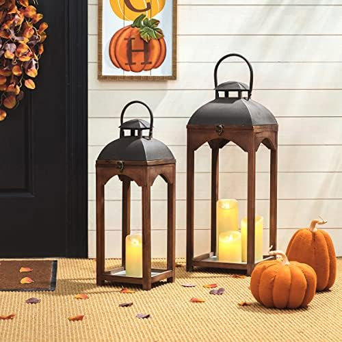 Glitzhome Set of 2 Mondern Farmhouse Wooden Lantern Hanging Decorative Candle Lanterns for Outdoo... | Amazon (US)