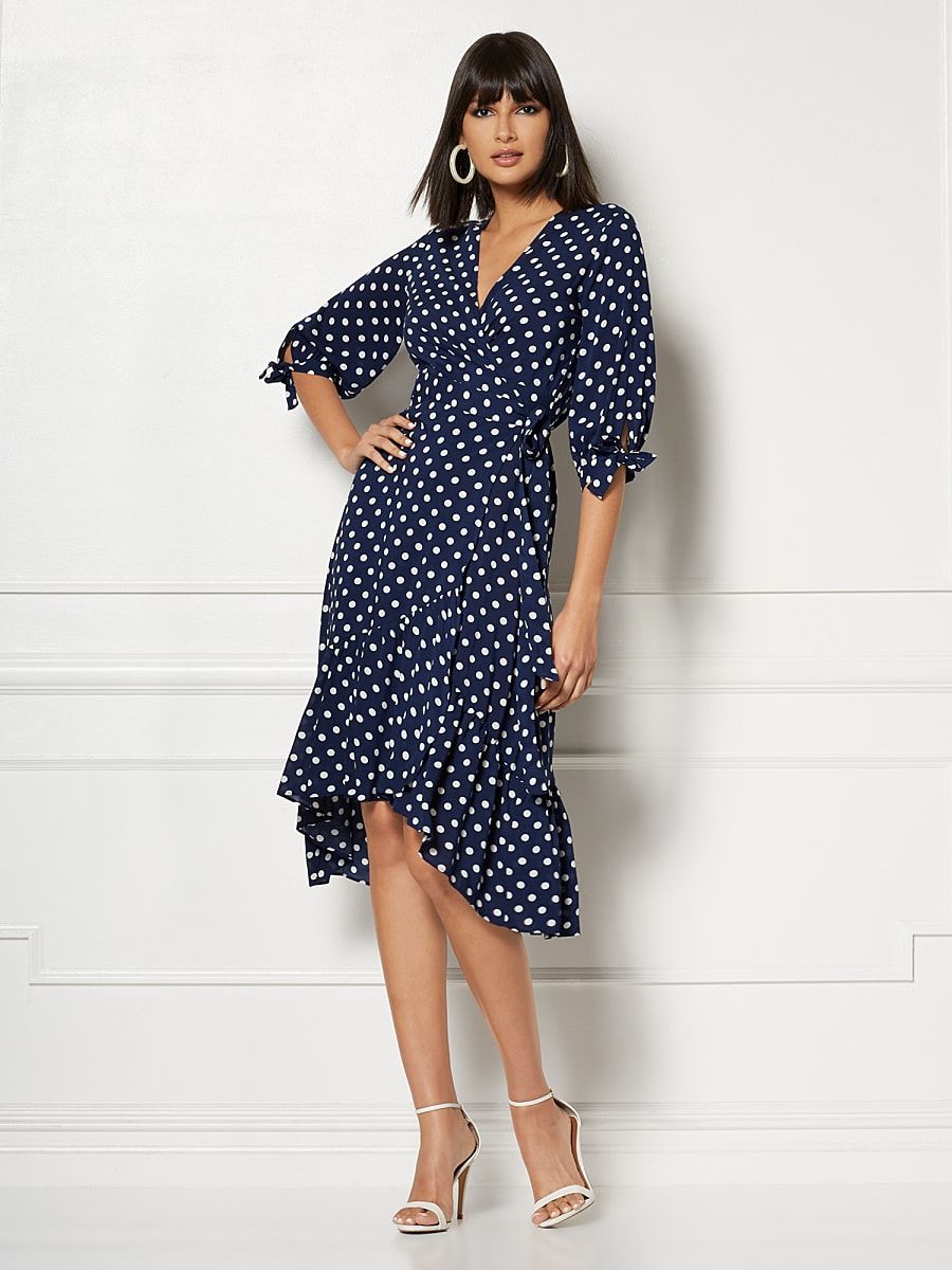 NY & Co Women's Tall Cassidy Polka-Dot Wrap Dress - Eva Mendes Collection Dark Blue Size Large Rayon | New York & Company