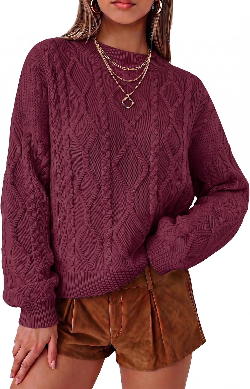 Arach&Cloz Women's Oversized Cropped Cable Knit Casual Sweater Tops | Amazon (US)