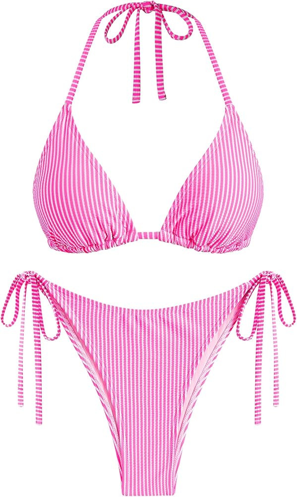 ZAFUL Textured Halter Bikini for Women 2 Piece Triangle Bikini Sets Sexy High Cut Bathing Suit Si... | Amazon (US)