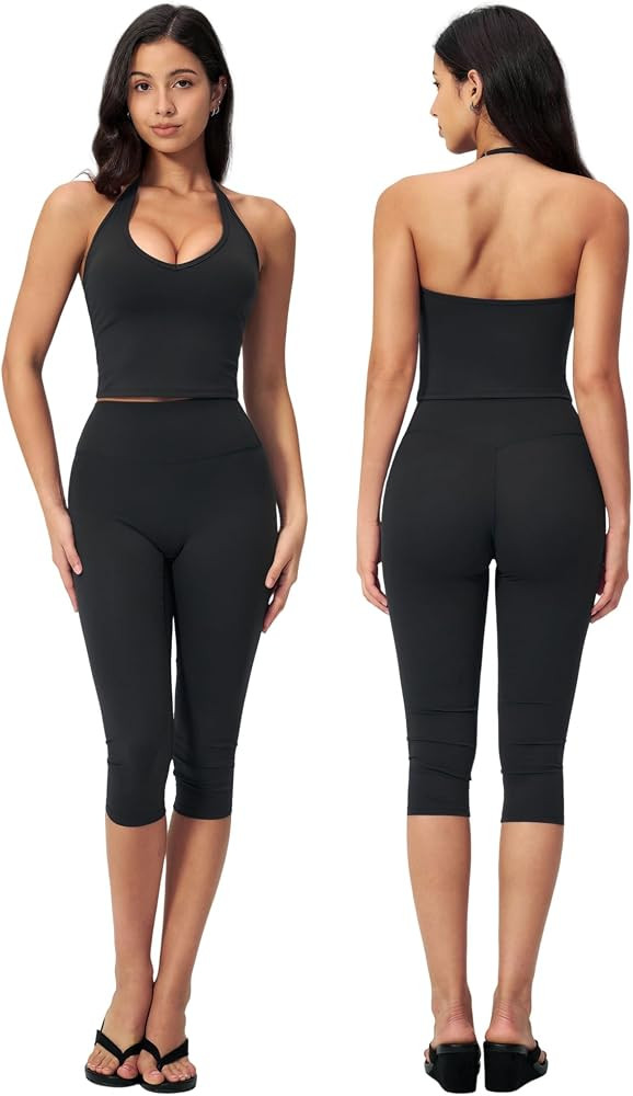 Women 2 Piece Workout Set V Neck Halter Tank Top and High Waist Capri Pants Yoga Pilates Outfits | Amazon (US)
