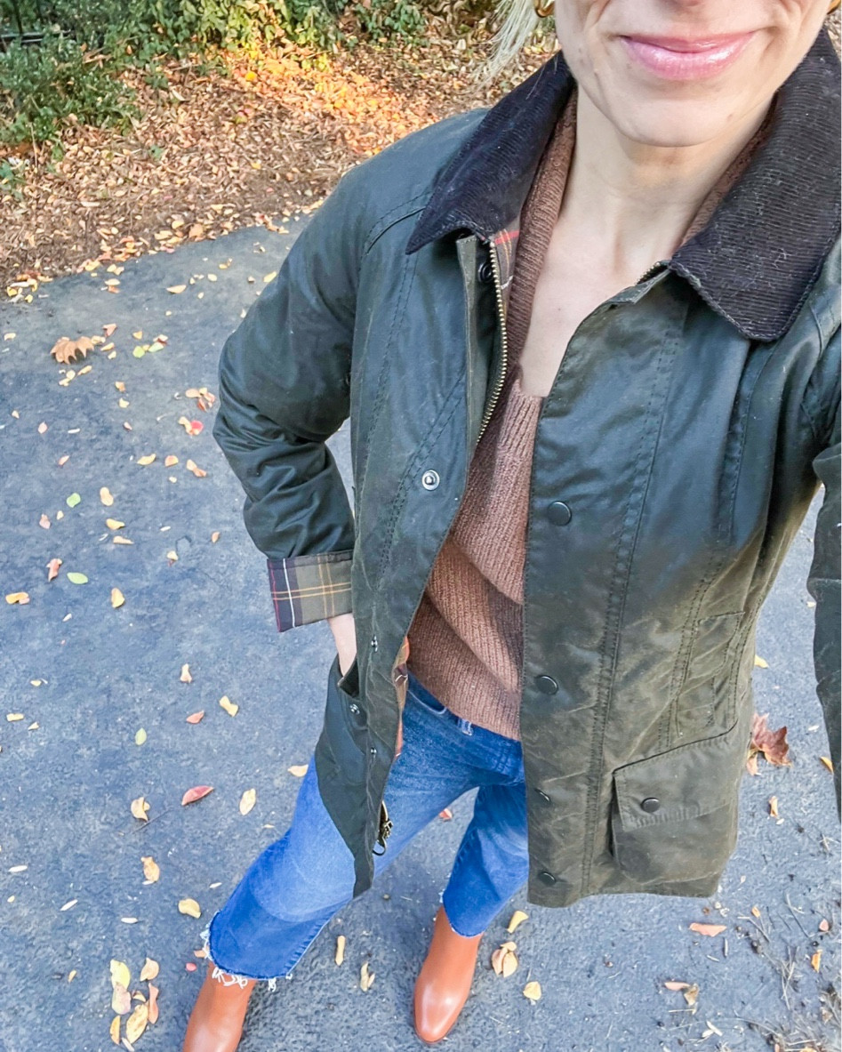 Barbour coat, Brown square neck sweater, cropped boot cut jeans, and leather heeled booties. Almost everything I’m wearing is on sale for 50% off!

#LTKsalealert #LTKSeasonal #LTKstyletip