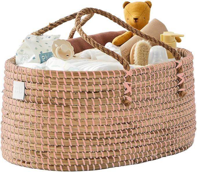 Baby Diaper Caddy Organizer - Handmade Organic Seagrass - Luxury Pink Diaper Caddy Basket - Cute ... | Amazon (US)