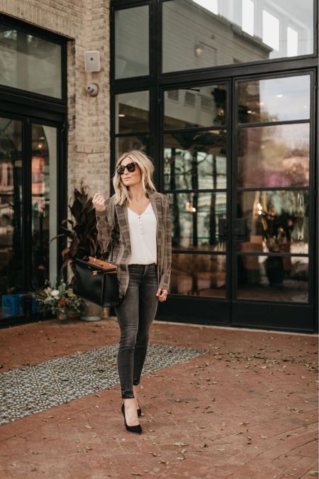 Similar plaid blazer, white cami, grey jeans, heels, similar purse and sunglasses. 

#LTKworkwear #LTKSeasonal #LTKstyletip
