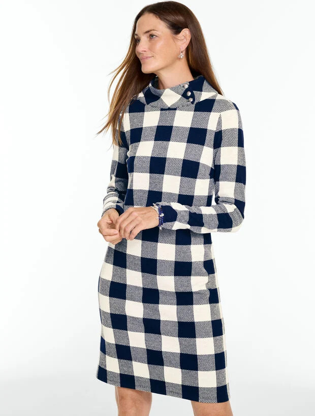 Side Button Mockneck Knit Dress - Buffalo Check | Talbots