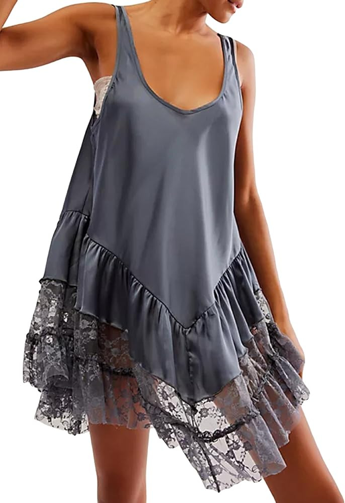 Adoeren Women Silky Lace Slip Dress Flowy Sleeveless Scoop Neck Tank Short Dress Backless Ruffle ... | Amazon (US)