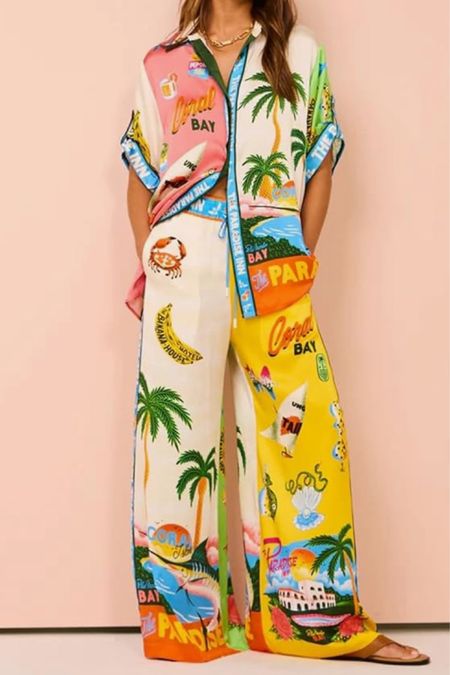 Tropical print wide leg pant & shirt set, vacation outfit, swim coverup 

#LTKSeasonal #LTKFindsUnder100 #LTKFindsUnder50