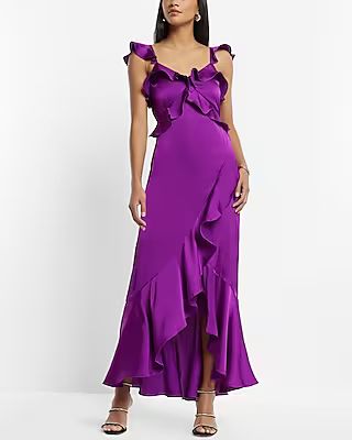 Satin V-Neck  Ruffle Hi-Lo Maxi Dress | Express