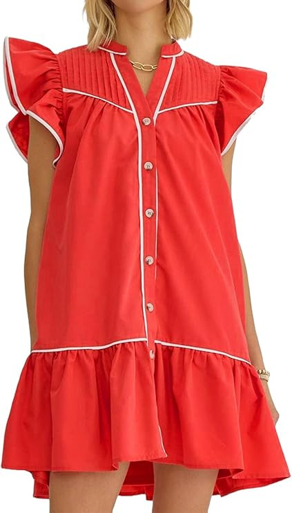 HOULENGS Women's Summer Ruffle Cap Sleeve Flowy Short Dresses Button Down V Neck A Line Babydoll ... | Amazon (US)