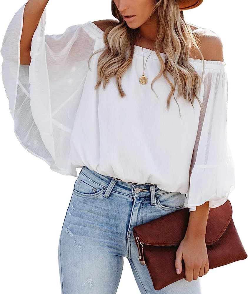 SENSERISE Womens Off The Shoulder Tops Casual Loose Chiffon Bell Sleeve Blouse Shirts | Amazon (US)