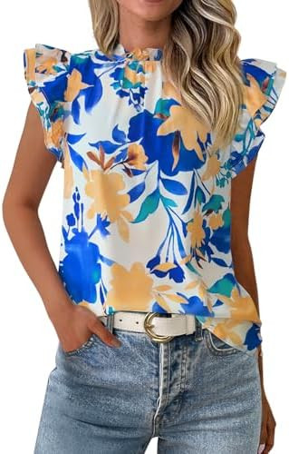 PRETTYGARDEN Women's Ruffle Short Sleeve Summer Tops 2026 Trendy Floral Trim Neck Casual Dressy C... | Amazon (US)
