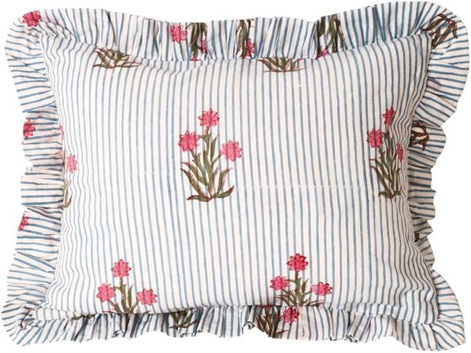 Floral Block Print Throw Pillow Cover, Blue Striped with Pink Flowers, Ruffle Edge, Boho Cottage ... | Amazon (US)