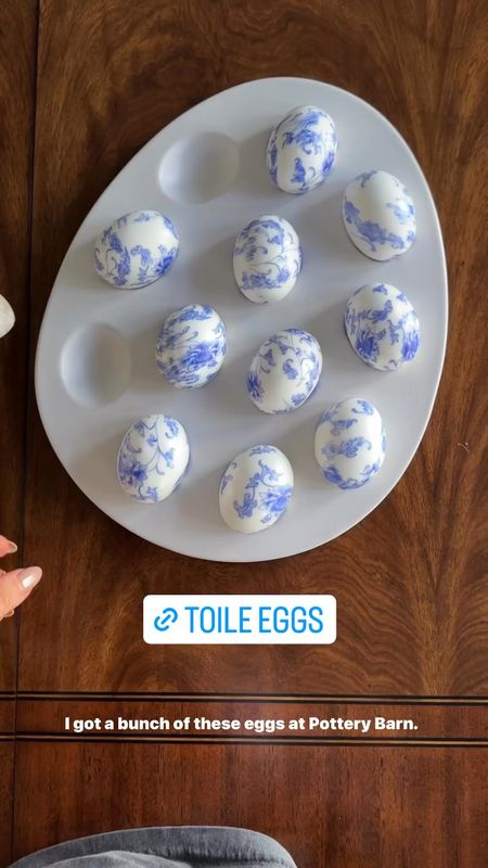 Got a bunch of these (luckily unbreakable) toile eggs from pottery barn. Just need a few more! Place them on our table next to a glass vase from Target, faux stems from Walmart, and the cutest little marble bunny (also from Target) and voila! spring! 

#LTKhome #LTKfindsunder50 #LTKSeasonal