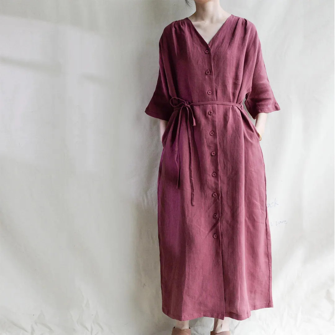 Burgunder Leinen Langes Kleid mit V-Ausschnitt: Lässiges Tageskleid im Beach-Resort-Stil - Etsy.... | Etsy (Global)