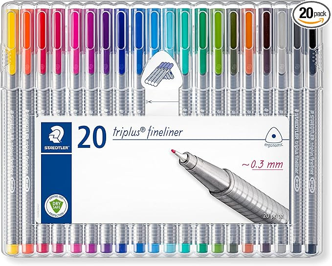 Staedtler Triplus Fineliner Pens, .3mm, Metal Clad Tip, 20-Pack, Assorted (334SB20BK) | Amazon (US)