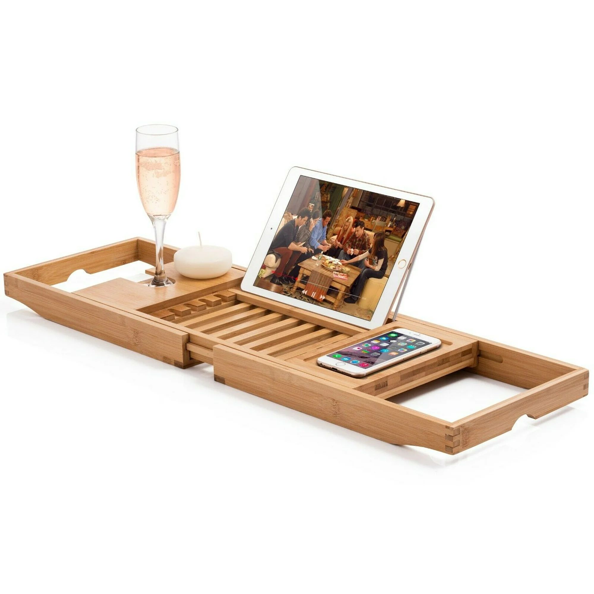 Bambusi Bathtub Caddy with Extendable Sides, Wine Glass Holder, Book Stand and Phone Tray | Walmart (US)
