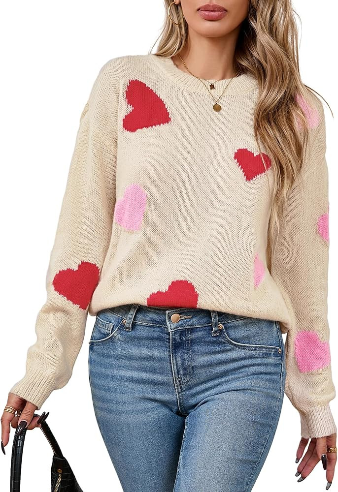 Womens Oversized Cute Heart Sweater Spring 2025 Dressy Casual Ribbed Knit Crew Neck Pullover Tops | Amazon (US)