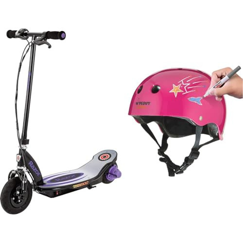 Razor Power Core E100 Electric Scooter for Kids Ages 8+ - 100w Hub Motor, 8" Pneumatic Tire & Wipeout Dry Erase Kids Helmet for Bike, Skate, and Scooter, Neon Pink Youth M 5+ | Amazon (US)