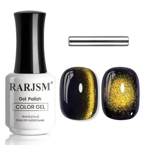 RARJSM Jelly Black Cat Eye Gel Nail Polish Golden Ceramic Smoothie Glitter 15ml Mirror Glass Shimmer Velvet Cateye Gel Polish with Magnetic Stick UV LED Curing Require Soak Off Home Salon | Amazon (US)