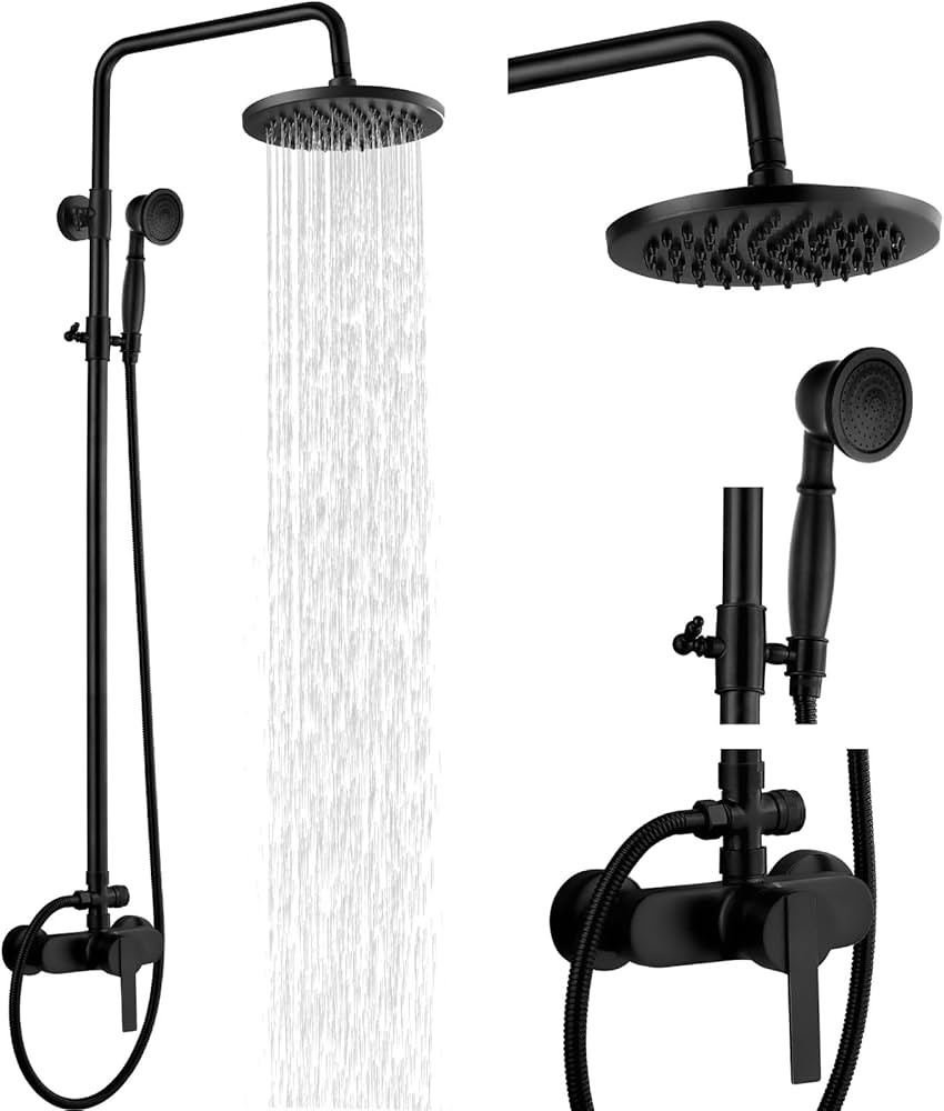 Airuida Matte Black Exposed Pipe Shower System Single handle 8 Inch Rainfall Shower Fixture Solid... | Amazon (US)