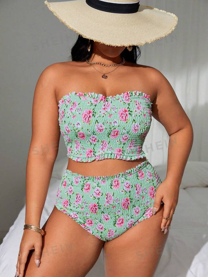 SHEIN Swim Curve Summer Beach Plus Size Women's Vacation Style Printed Bikini Set | SHEIN