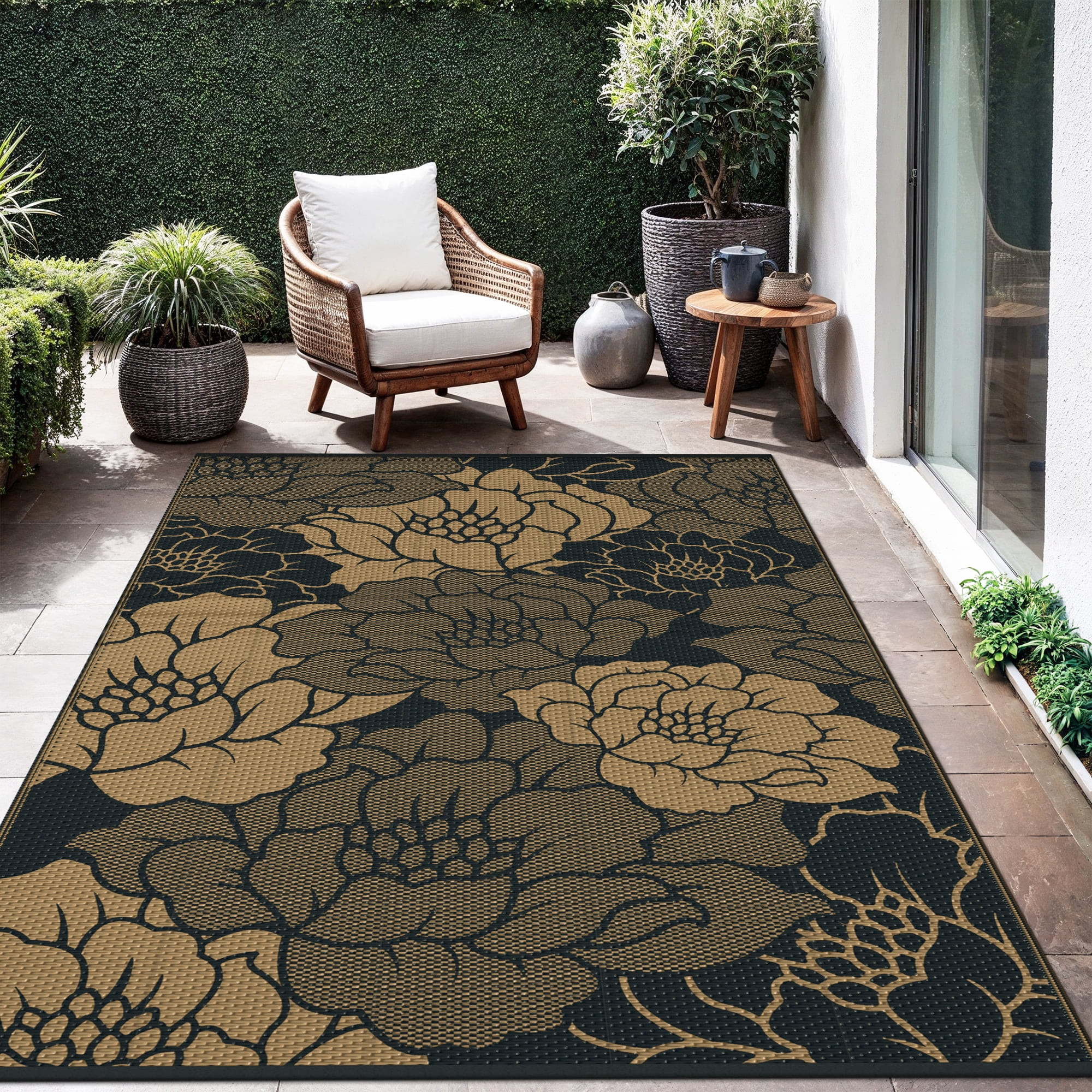 KUETH 6'x 9' Outdoor Rug Plastic Waterproof Outside Foldable Flower Mat UV Resistant Patio RV Deck Carpet,Black Brown | Walmart (US)