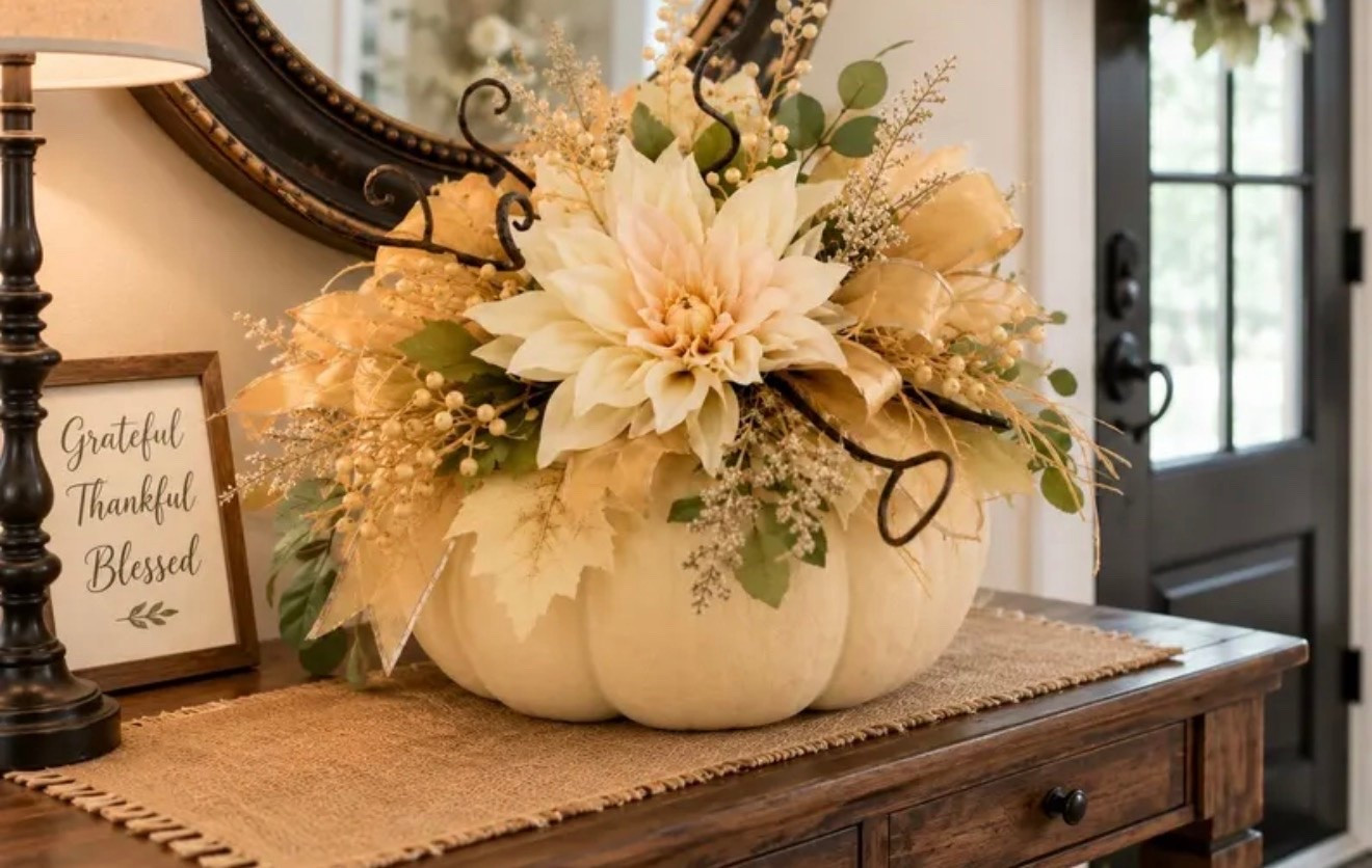 Neutral Floral Pumpkin Centerpiece, Elegant Fall Table Decor, Handmade Pumpkin Arrangement #ltkfalldecor

#LTKSeasonal #LTKHome #LTKSaleAlert