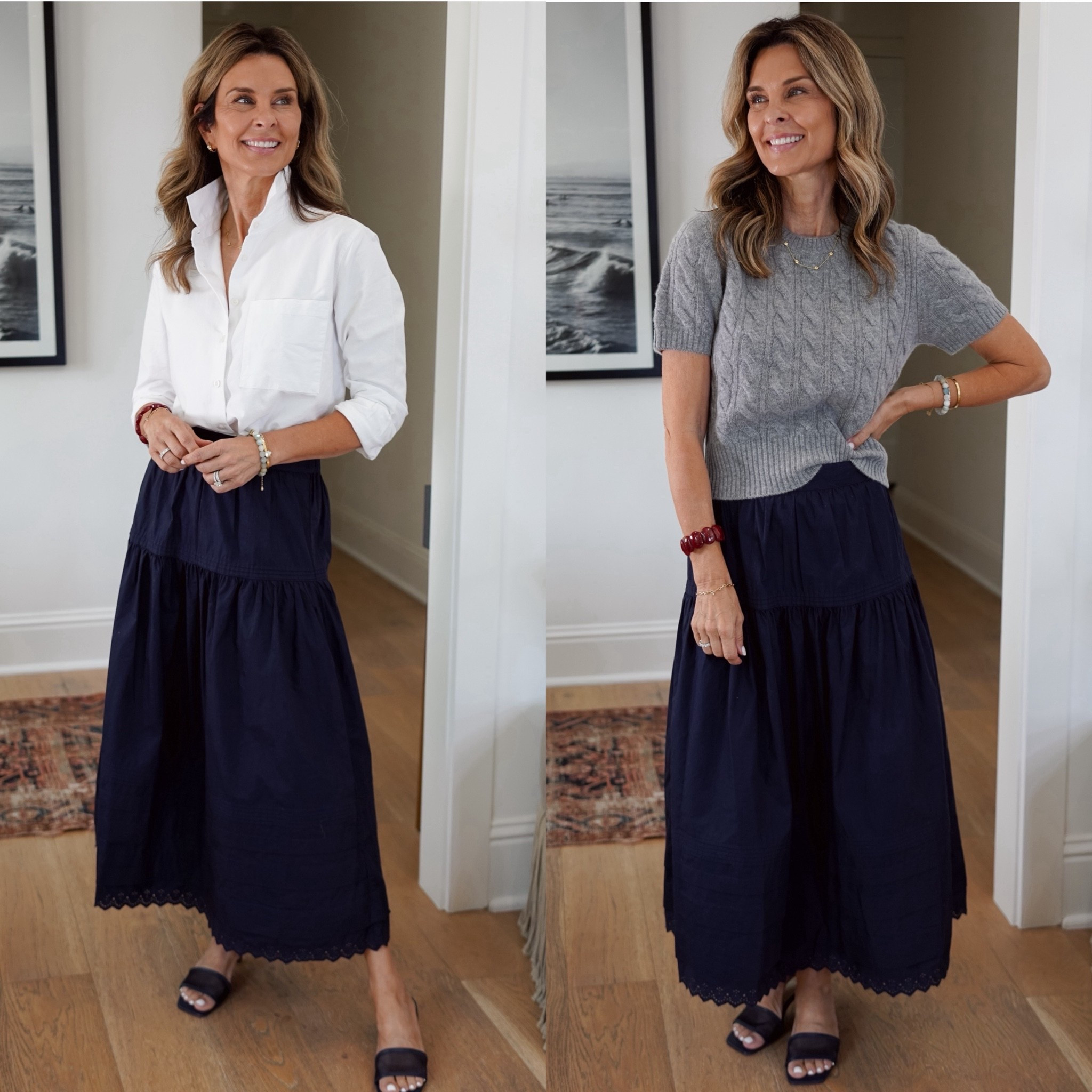 I’m 5’6’’ styling this cotton navy skirt for you several ways! Such a great versatile piece to 
bring with you into the fall.
-Navy cotton skirt size XS
-White Oxford button down size XS
-Square neck linen top size S
-Navy sweater vest size XS
-White cable knit cotton sweater size S
-Gray cashmere cable knit sweater size S
-White short sleeved tee size XS
-Brown cashmere off the shoulder top size S
@Quince  #QuincePartner

#LTKootd #LTKOver40 #LTKSeasonal