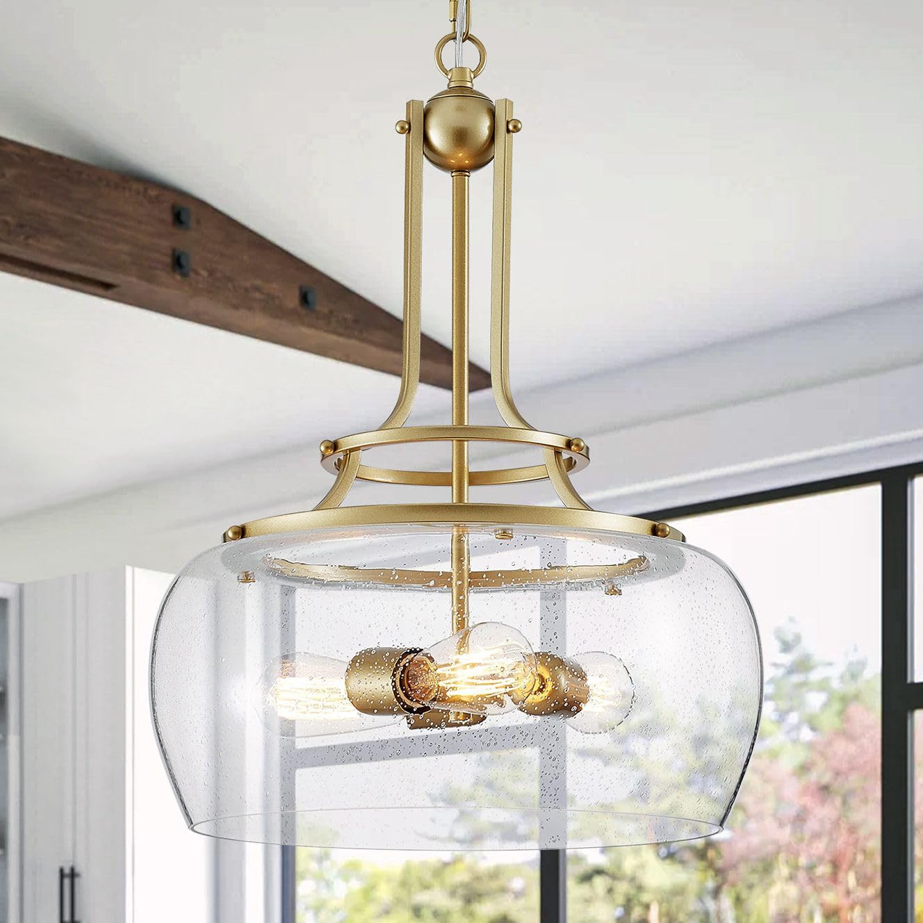 WUZUPS Chandelier Rustic Farmhouse Industrial Round Ceiling Pendant LED Light Fixture Clear Seede... | Amazon (US)
