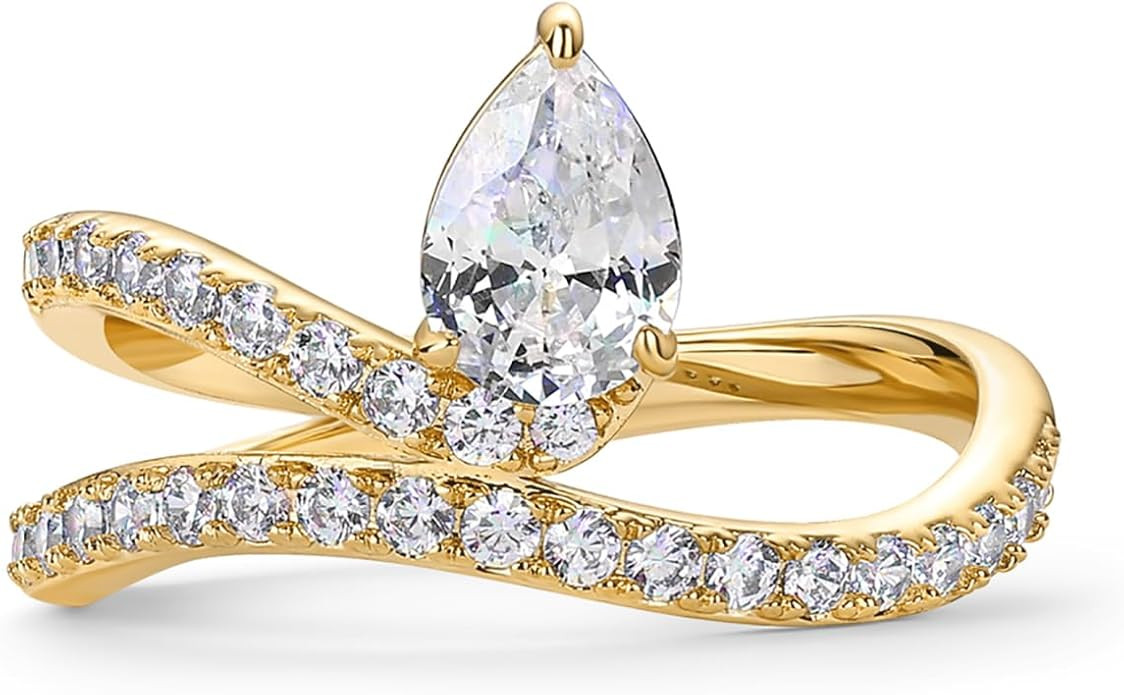 PAVOI 14K Gold Plated Wavy Engagement Ring for Women | Solitaire Cubic Zirconia Wedding Band & Pr... | Amazon (US)