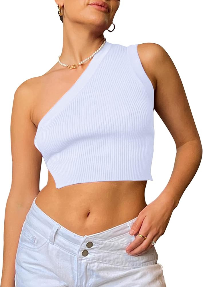 SAFRISIOR Women One Shoulder Backless Knitted Crop Top Sexy Sleeveless Strappy Open Back Cami Tan... | Amazon (US)