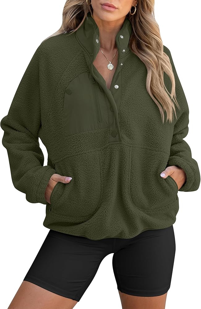 ANRABESS Women Fuzzy Fleece Pullover Sherpa Sweatshirt Long Sleeve Button Down Warm Soft Color Bl... | Amazon (US)