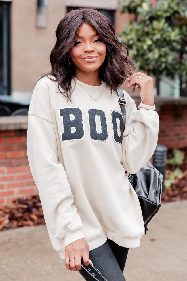 Boo Chenille Patch Ivory Oversized Graphic Sweatshirt | Pink Lily