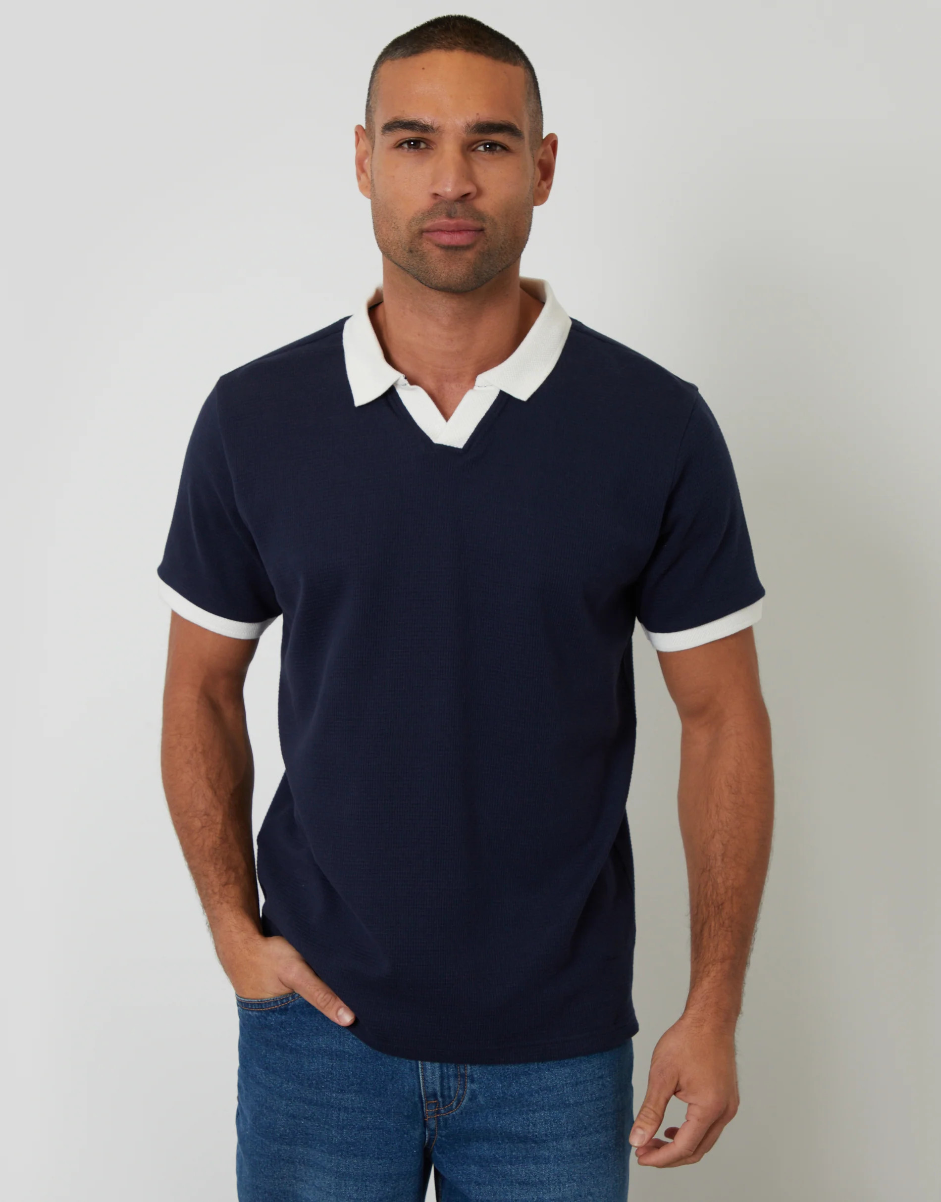 Trophy Neck Waffle Polo Shirt in Navy | Threadbare