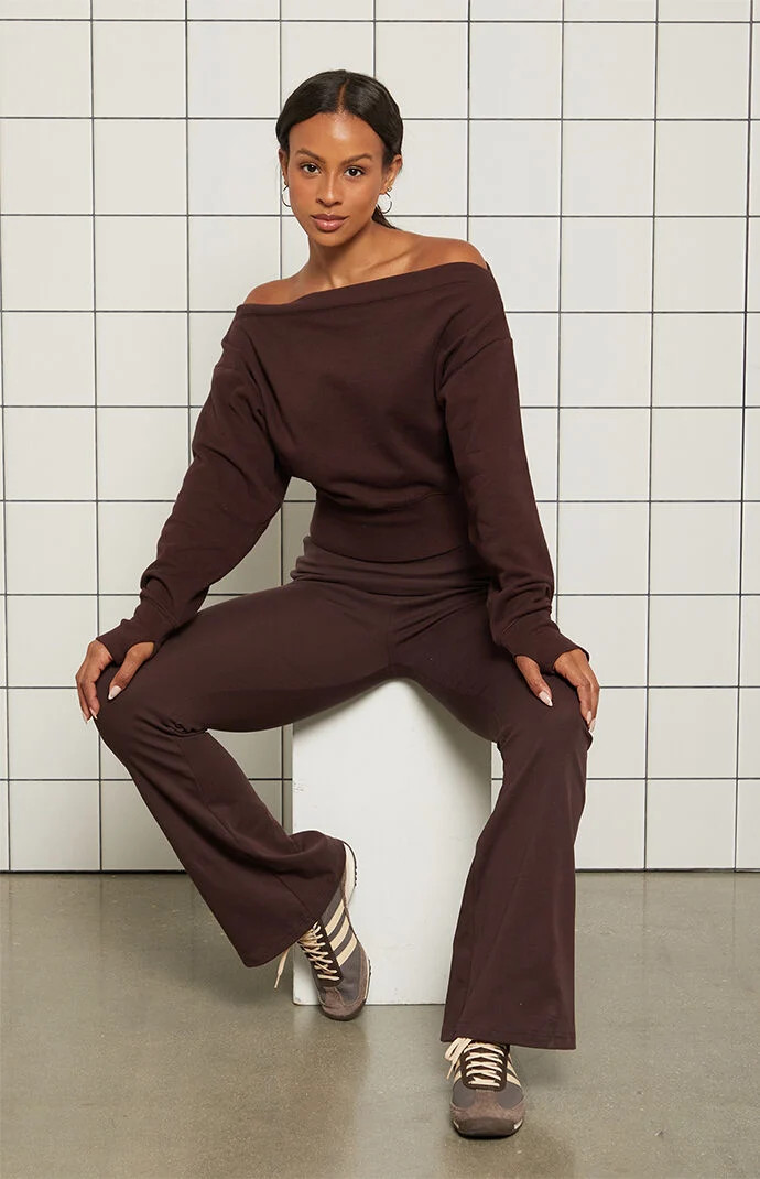 PAC 1980 Women's Active French Terry Off-The-Shoulder Sweatshirt in Brown - Size XS | PacSun