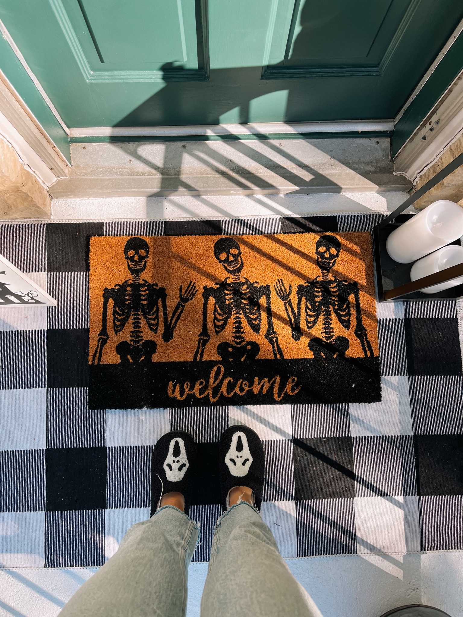 👻🎃🐈‍⬛ slippers are from my personal shop! Message me on IG for a pair :)  #spookyseason #welcome #doormat #halloween #halloweendecor #porchdecor 

#LTKHalloween #LTKGiftGuide #LTKSeasonal