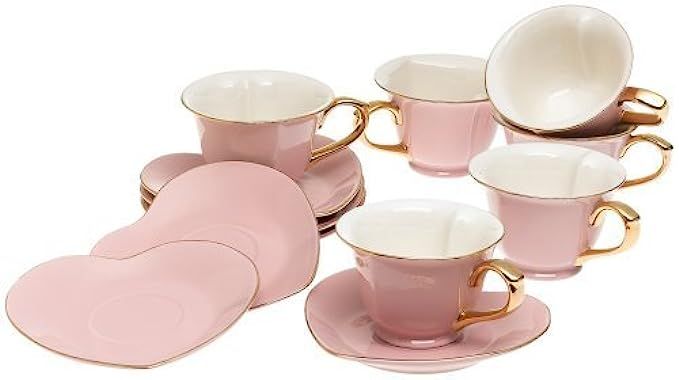 Classic Coffee & Tea Inside Out Heart Cups & Saucers, Set of 6, Pink/Gold, 6.5 Oz. | Amazon (US)