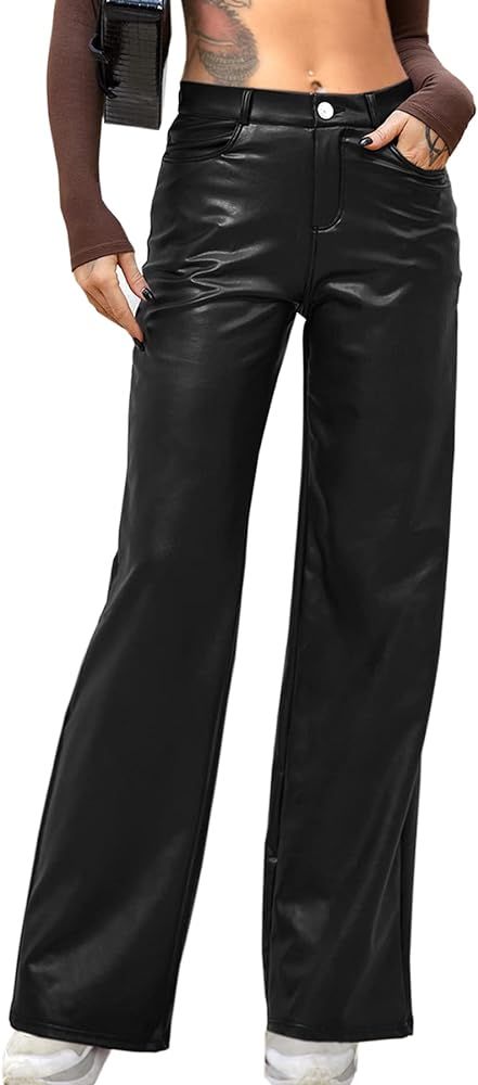 Navneet Women Faux Leather Pants PU High Waist Straight Leg Pants with Pockets | Amazon (US)
