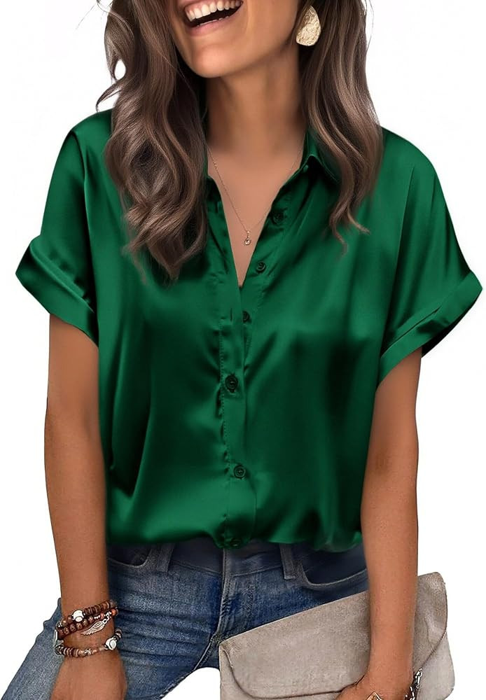 Zeagoo Womens Satin Blouse Short Sleeve Silk Tops Button Down Shirts Business Casual Outfits | Amazon (US)