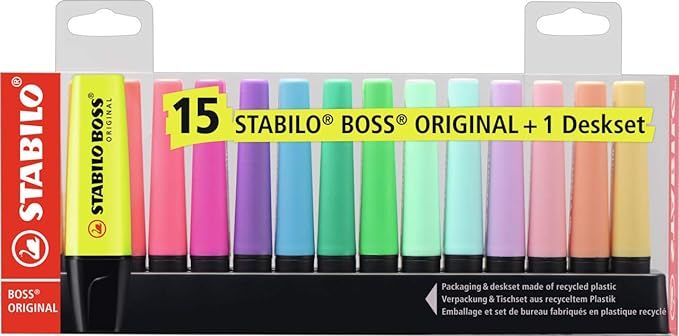 STABILO BOSS Original Fluorescent and Pastel Highlighters – Deskset of 15 Assorted Colours | Amazon (US)