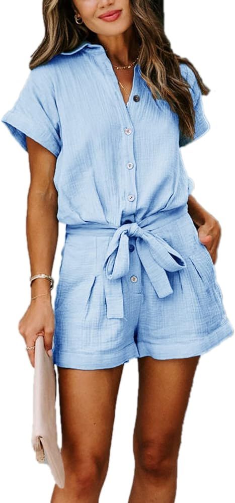 Paintcolors Women's Summer Short Sleeve Button Down Pockets Belted Elastic Waist Solid Color Jump... | Amazon (US)