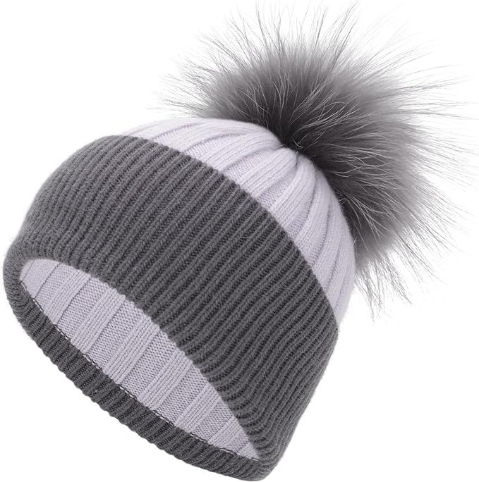Women Cashmere Winter Ribbed Cuffed Beanie Hat with Real Fur Pom Pom Beanie Knit Skull Cap Ski Ha... | Amazon (US)
