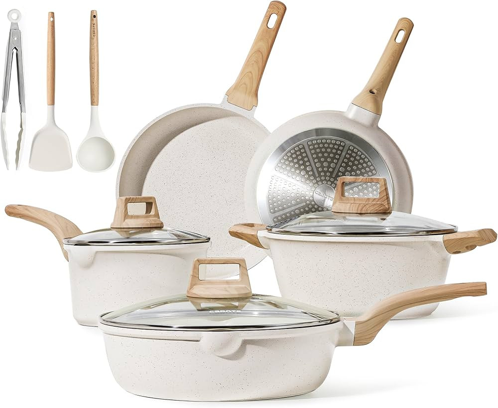 CAROTE Pots and Pans Set Nonstick, White Granite Induction Kitchen Cookware Sets, 11 Pcs Non Stic... | Amazon (US)