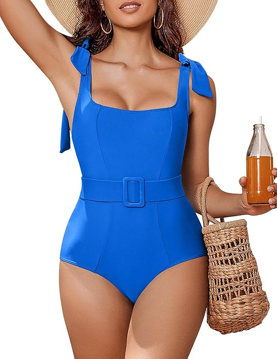 AI'MAGE Womens One Piece Swimsuit Belted 2024 Tummy Control Bathing Suits Square Neck Tie Shoulde... | Amazon (US)
