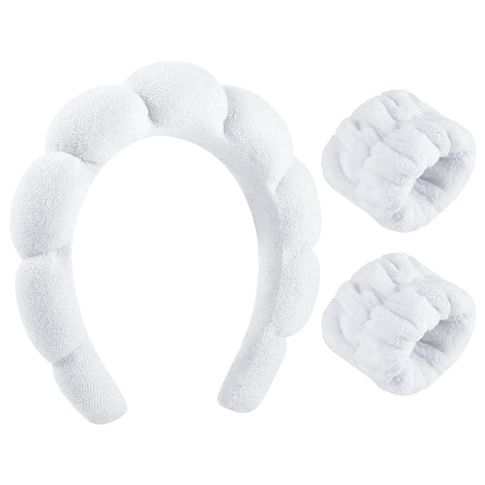 Spa Headband for Washing Face, Sponge Skincare Headband and Wrist Washband Set White Makeup Headb... | Amazon (US)