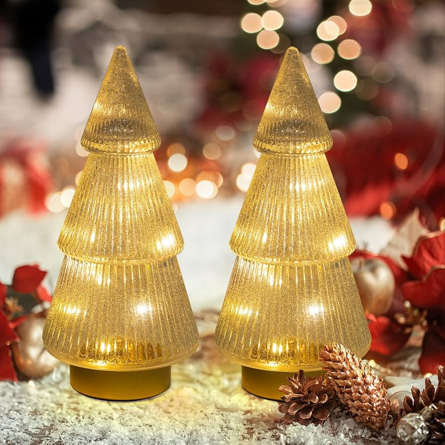 Mercury Glass Christmas Tree, 2-Pack Lighted Xmas Tree Decorations, Holiday Centerpiece Battery O... | Amazon (US)
